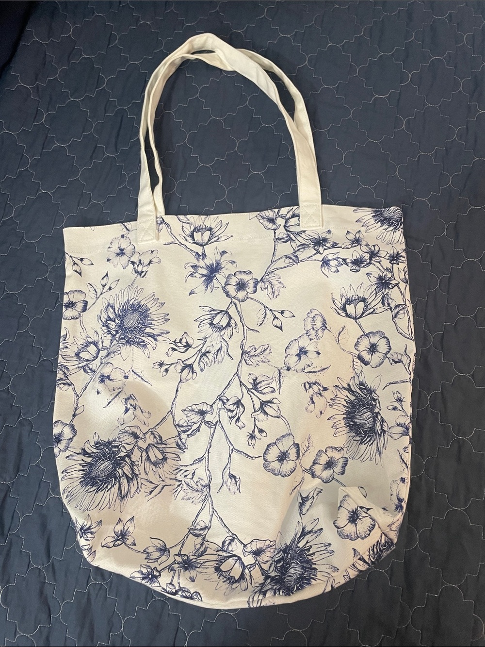 Chico's White Canvas Tote with Blue Floral Sketch Print